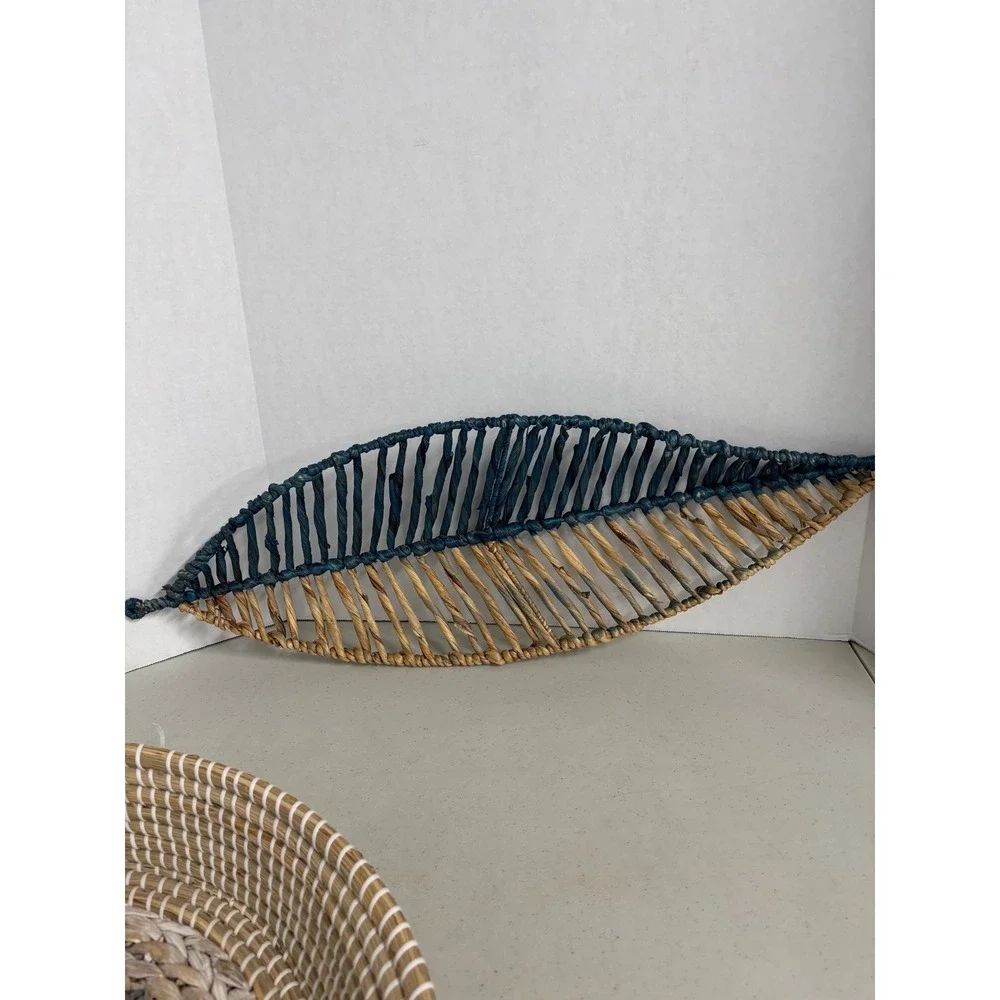 Woven Seagrass Round Tray‎ and Blue Leaf Decor Set Coastal Boho Home Accents